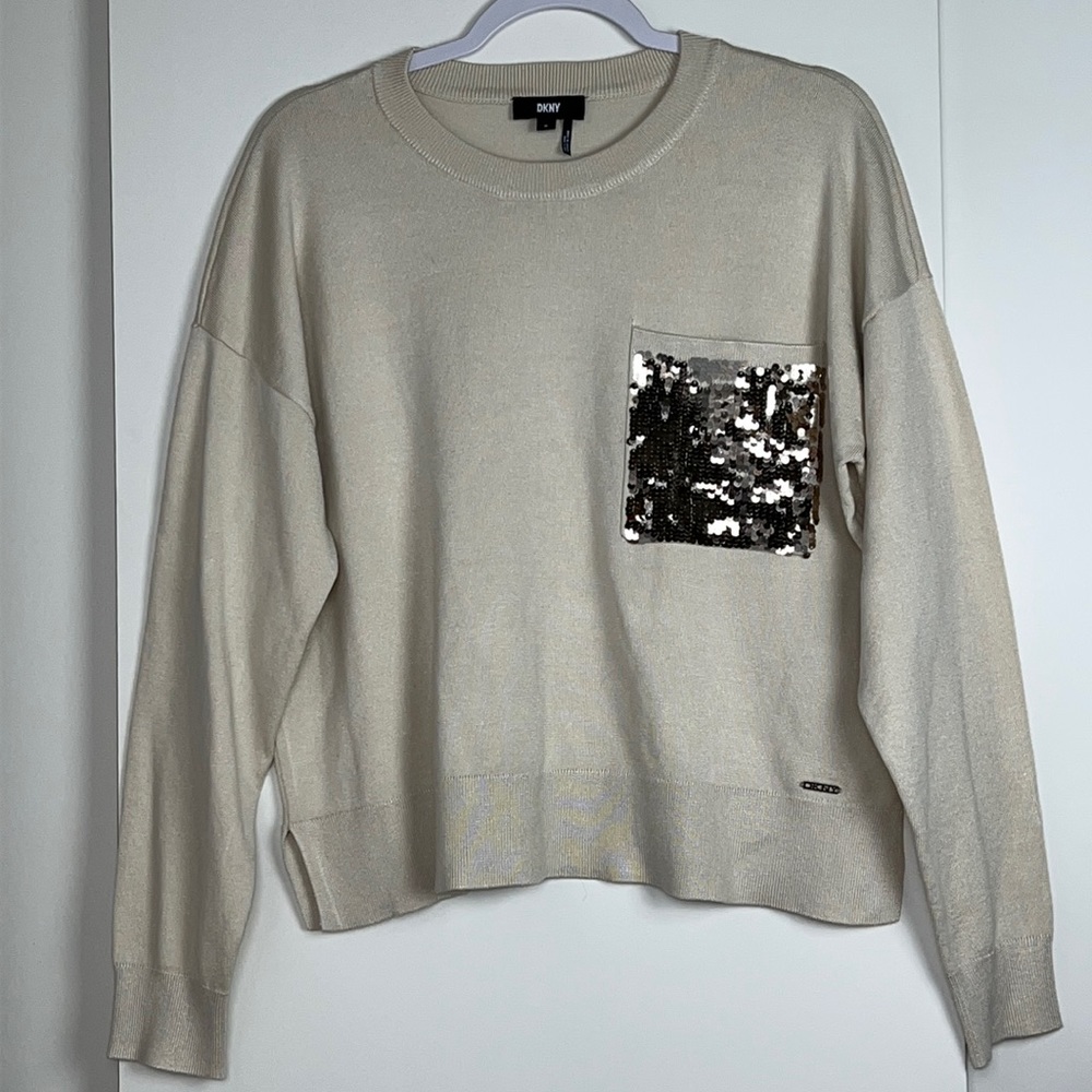 DKNY beige sequin pocket sweater